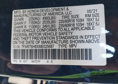 2021 Honda Cr-V Hybrid Ex-L z USA, uszkodzony, nr VIN 7FART6H8XME025687